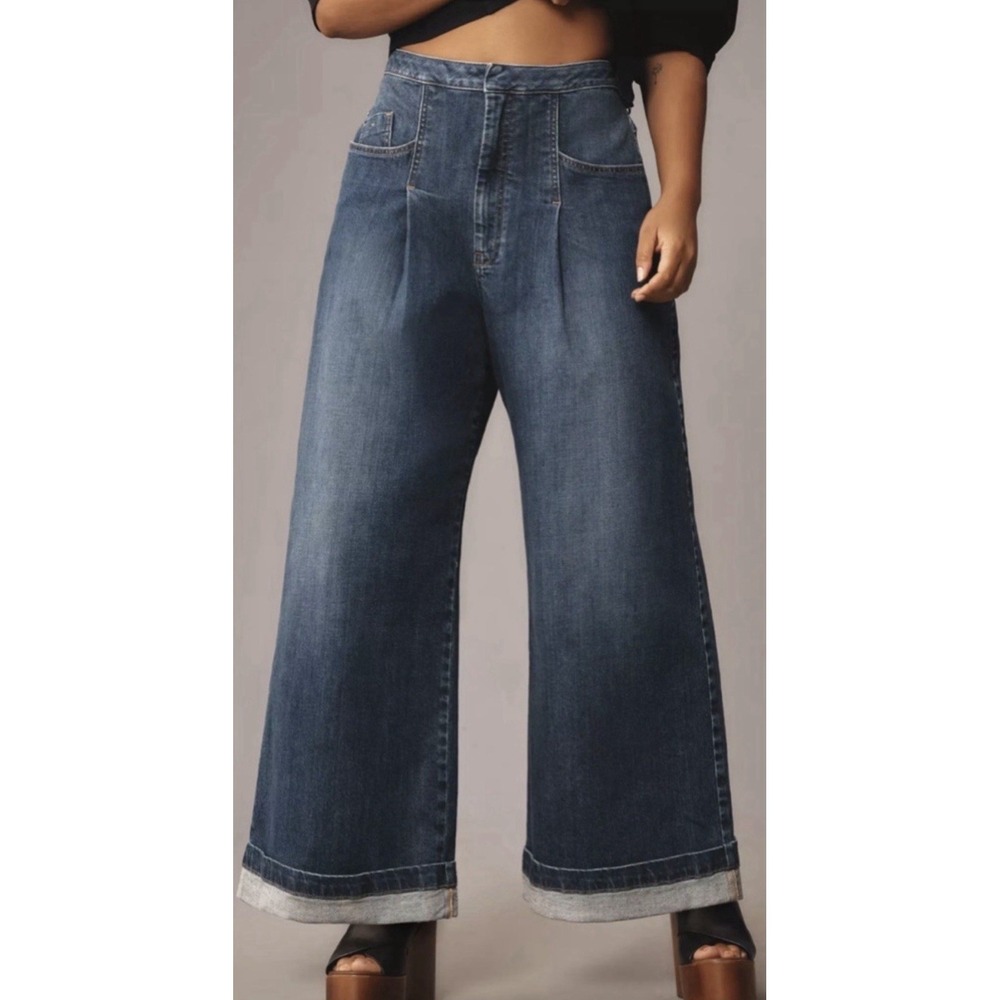 Pilcro Anthropologie‎ Emory Pleated High Rise Wide Leg Crop Blue Jeans 24P Boho